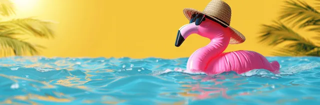 A pink inflatable flamingo with sunglasses and a straw hat floats on blue water against a yellow background.