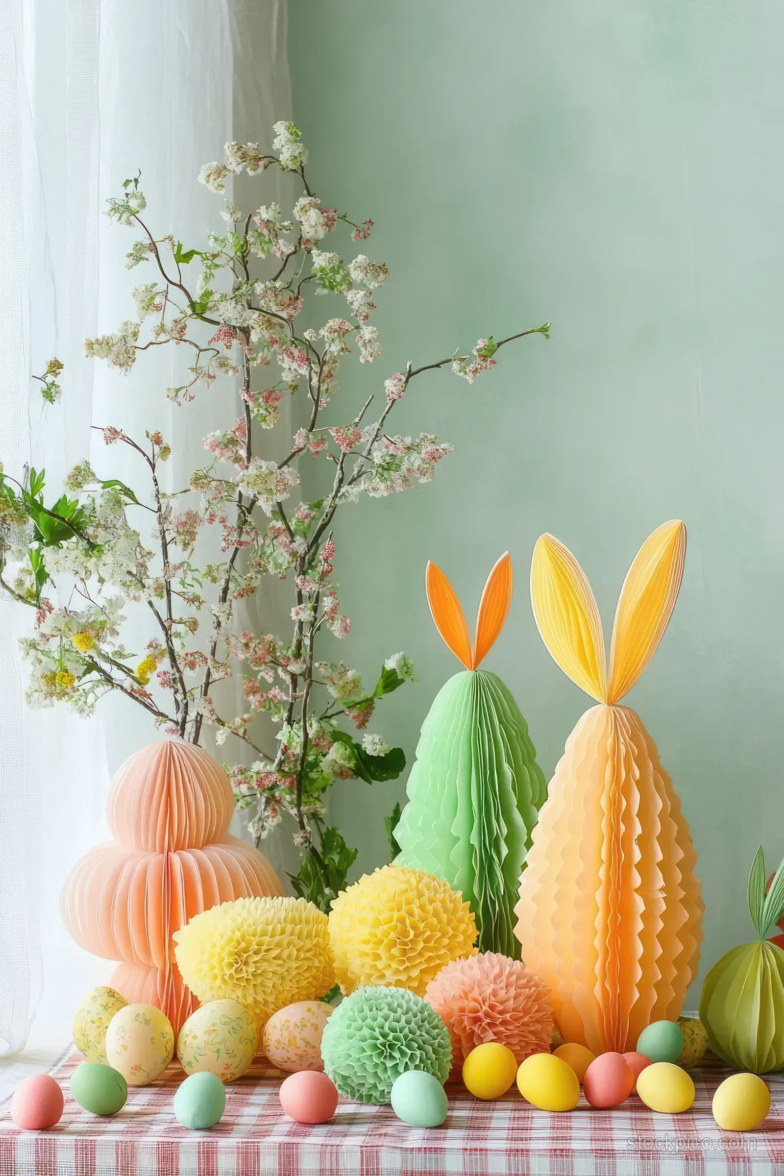 Pastel Easter centerpiece with honeycomb bunny decorations, pastel eggs, textured pom poms, and blossoming branches on a checkered tablecloth.