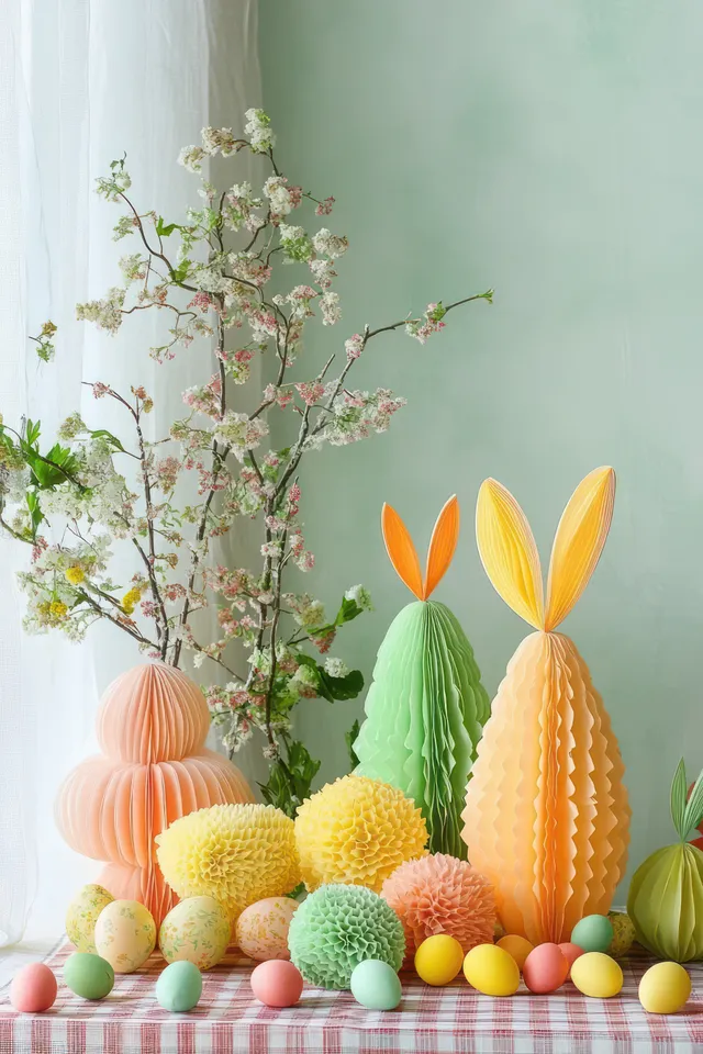 Pastel Easter centerpiece with honeycomb bunny decorations, pastel eggs, textured pom poms, and blossoming branches on a checkered tablecloth.