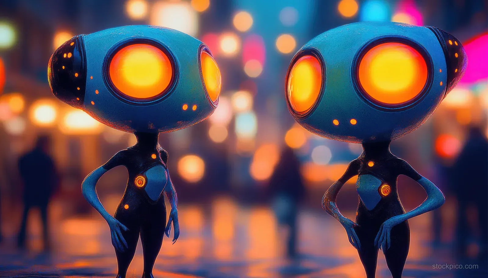 Two small blue robots with glowing orange eyes face each other in a blurred neon city at night.