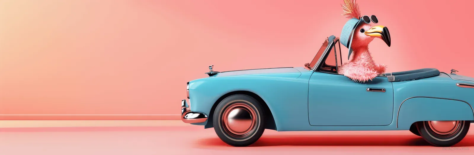 A pink flamingo in sunglasses drives a blue convertible on a peach background.