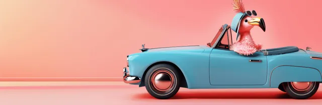 Cute pink flamingo driving blue convertible on pastel peach backdrop