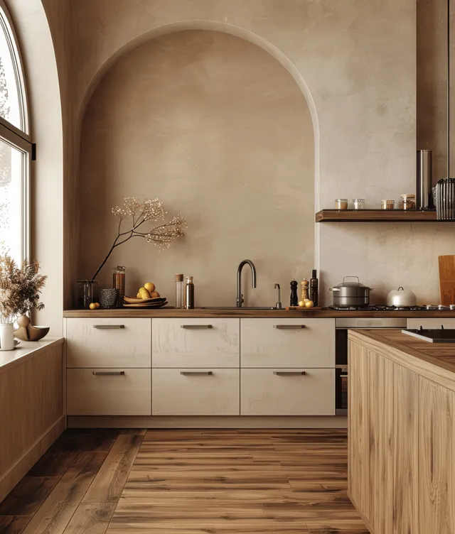 Minimal beige kitchen interior with wood countertop, simple cabinets, and an arched doorway in warm light.
