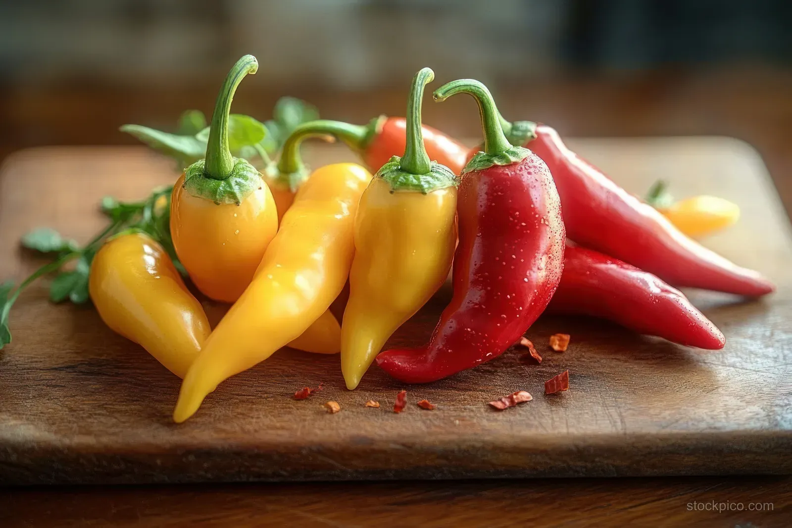 Fresh yellow and red chili peppers lie on a wooden cutting board with water droplets and chili flakes scattered.