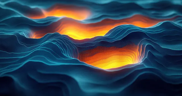 Neon 3D topographic mountains with glowing contour lines and a bright central valley at dusk-like lighting.