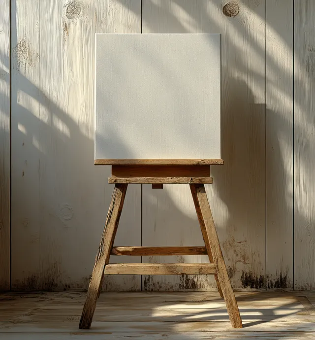Blank canvas frame on a wooden easel against a sunlit textured wall with sharp shadows.