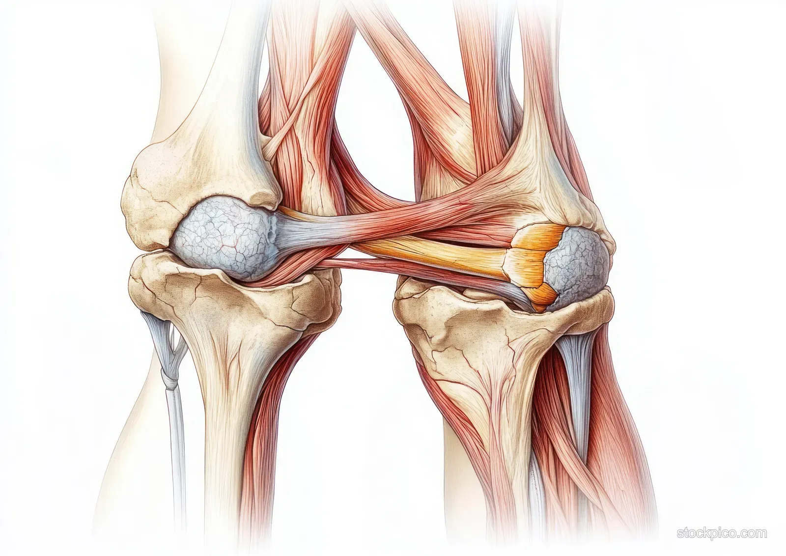 An anatomical cross-section illustration of the human knee showing patella, meniscus, cartilage, ligaments, and tendons.