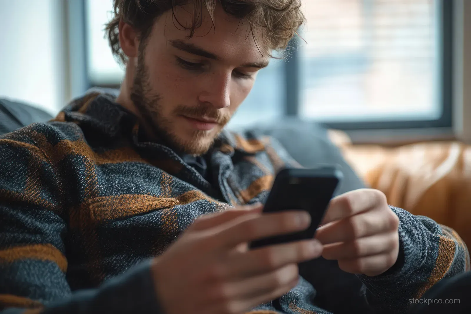 Young man sitting on a couch using a smartphone by a window.