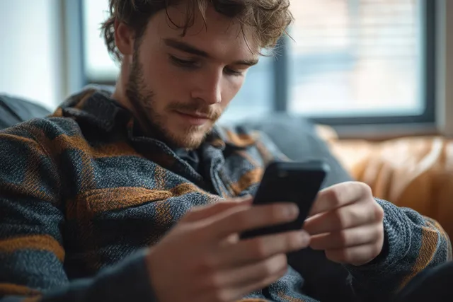 Young man using smartphone on couch in soft window light