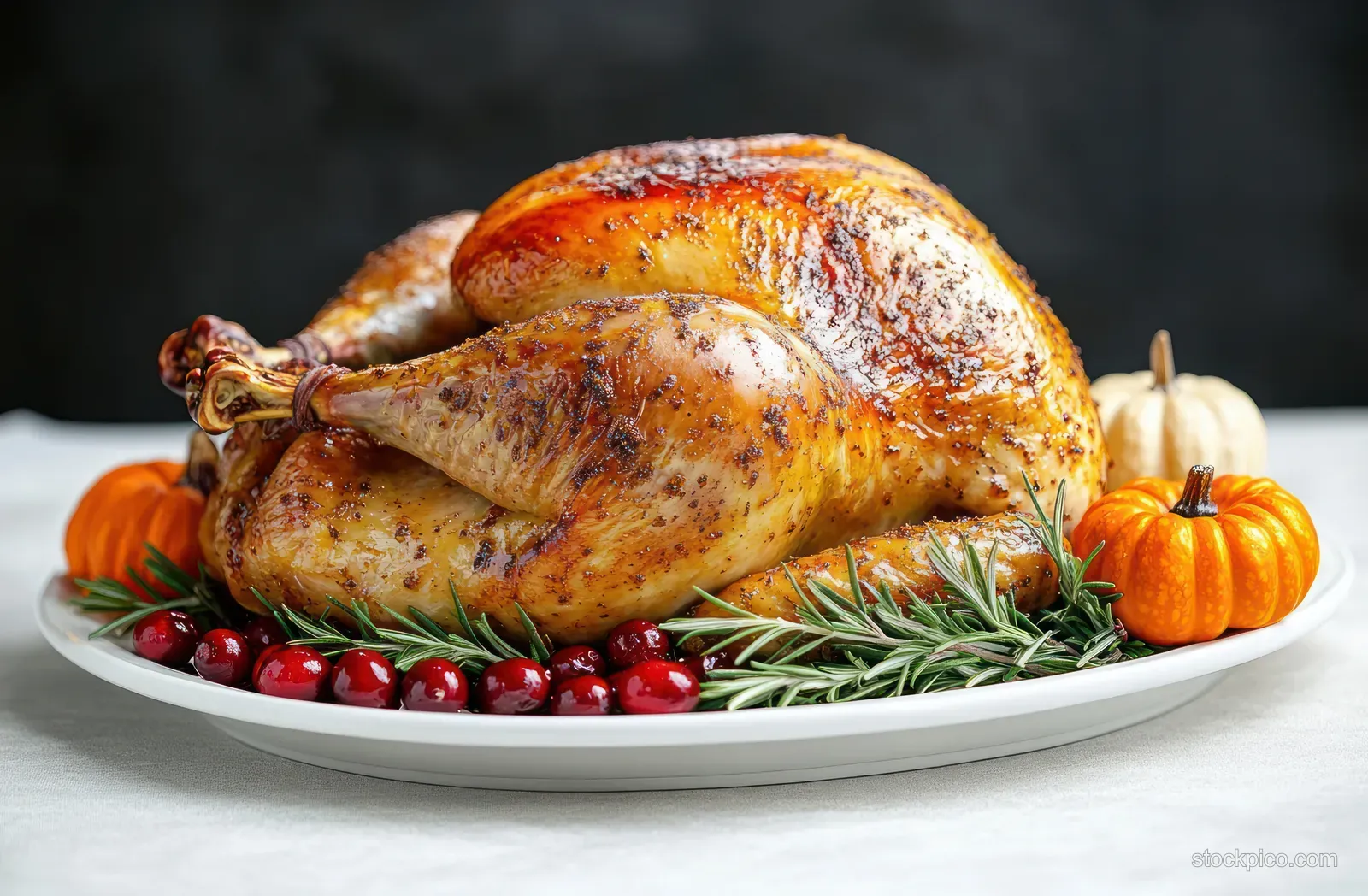 Golden roasted whole turkey on a white plate with rosemary sprigs, cranberries, and small decorative pumpkins.