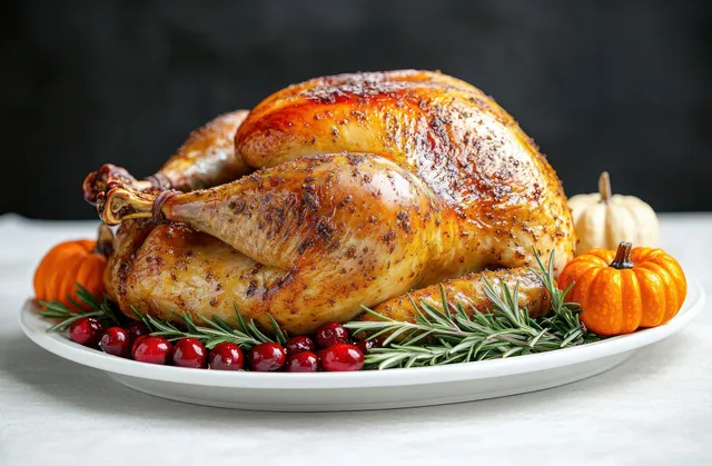 Golden roasted whole turkey on a white plate with rosemary sprigs, cranberries, and small decorative pumpkins.