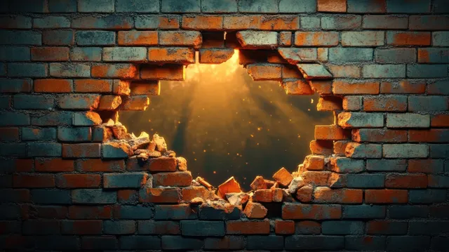 A broken brick wall has a jagged hole glowing with warm golden light and dust particles amid rubble.