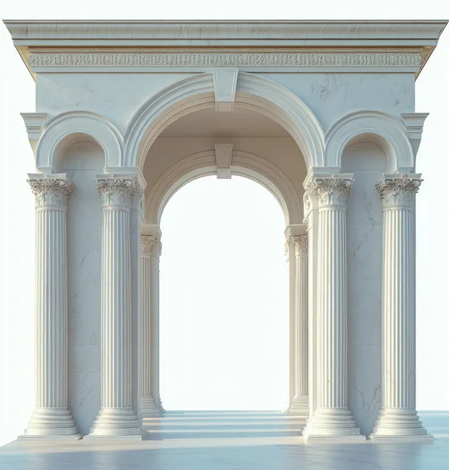 White marble neoclassical archway with carved capitals and symmetrical columns in soft morning light.
