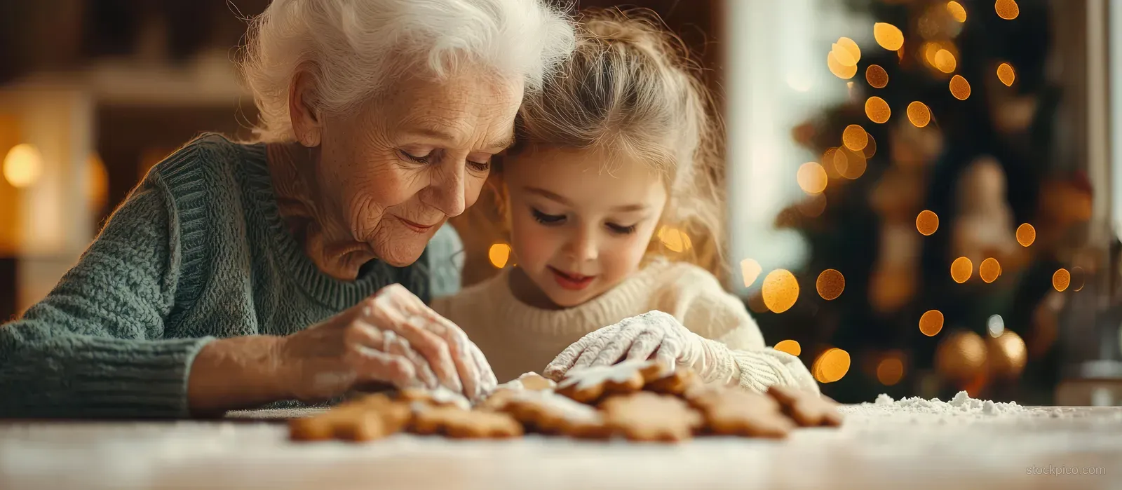 An elderly grandmother and young girl press and cut cookie dough shaped like snowflakes in a warmly lit kitchen.