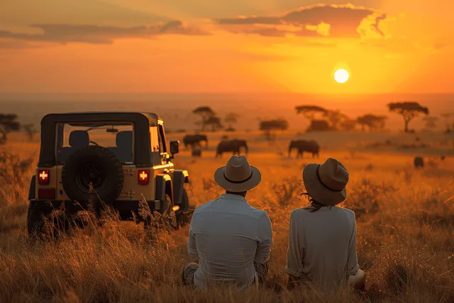 A couple enjoys a golden sunset in the savannah, framed by a vintage jeep and open grassland.