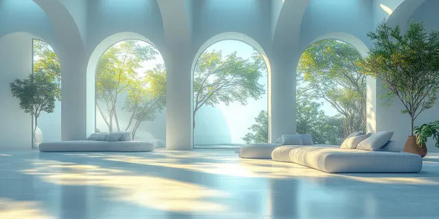 Minimalist white office interior with arched panoramic windows and curved sunlit lounge seating.