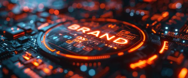 Neon holographic BRAND circuit hub glowing on a futuristic digital technology board