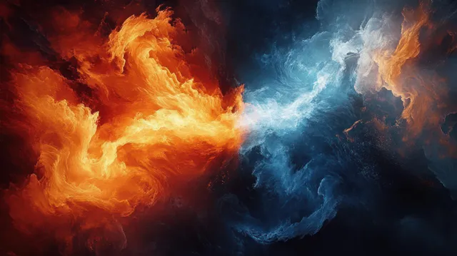 Fiery orange flames and icy blue mist collide in an abstract swirling storm backdrop