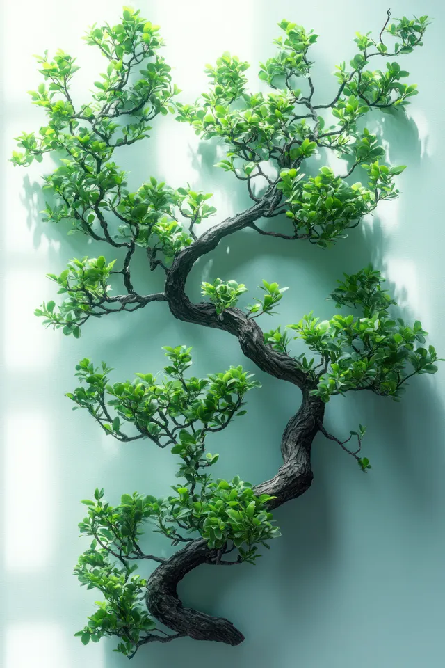 Curved bonsai tree with lush green foliage and soft shadows on light background