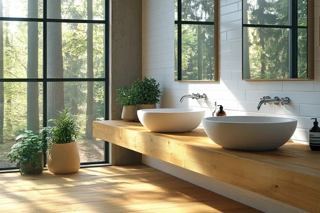 Minimal Scandinavian bathroom interior with a wooden double vanity, twin sinks, and sunlight through tall windows.