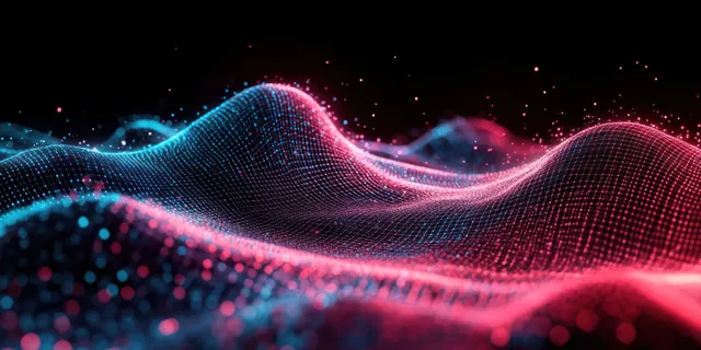 A glowing quantum wave interference pattern with grid-like ripples and pink-blue phase highlights across a dark background.