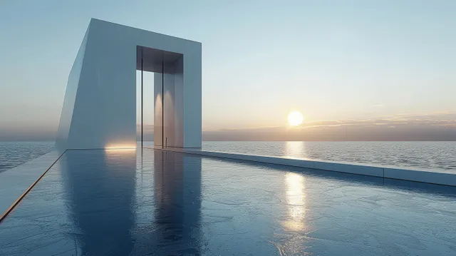 A minimalist white entrance with glass door sits on a concrete terrace by the ocean at sunrise.
