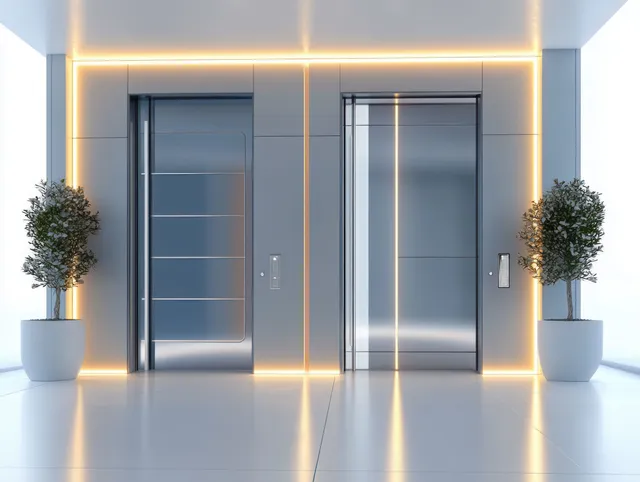 Futuristic modern entry doors with warm LED border lights in a bright minimalist hallway