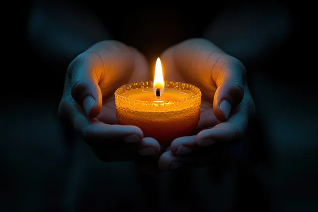 Two hands hold a lit candle, casting warm highlights and deep shadows in a dark ritual scene.