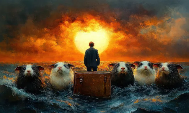 A person stands on a floating briefcase in stormy ocean waves as five guinea pig heads rise under a fiery sunset.