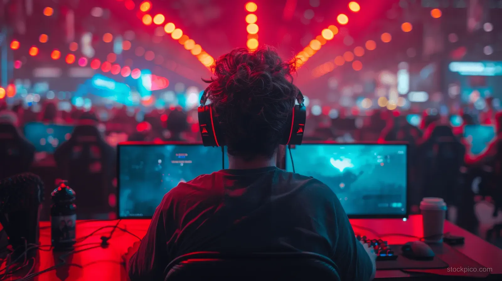 Back view of a pro esports gamer with headset at monitors in a neon stadium as the crowd cheers.