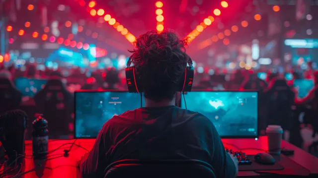 Pro esports gamer seated at dual monitors in a neon-lit stadium arena crowd