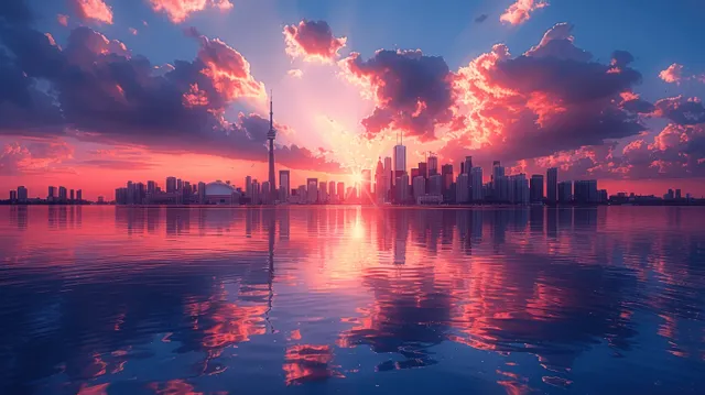 Toronto skyline at sunset with golden skyscraper glow reflected on Lake Ontario water