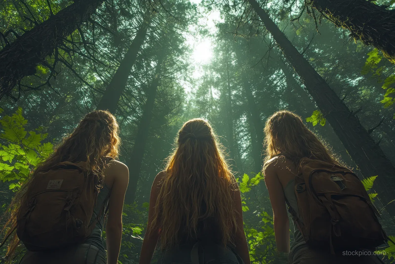 Three women with backpacks hike on a forest trail, looking up at tall sunlit trees.