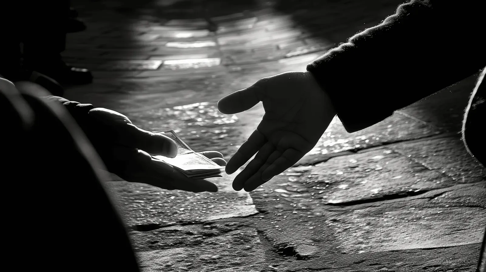 Shadowed hands exchange cash on a dark wooden table under harsh light.