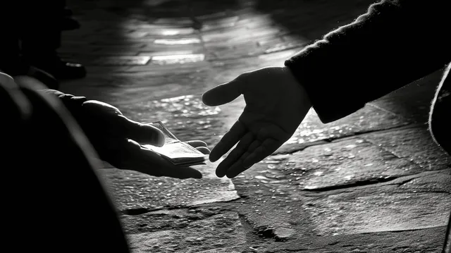 Hands exchanging cash on a dark wooden table in a secretive corruption transaction