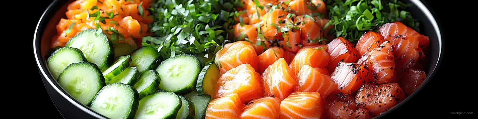 Close-up poke bowl in a black bowl with diced salmon, cucumber slices, chopped herbs, and masago.
