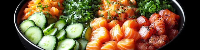 Close-up poke bowl in a black bowl with diced salmon, cucumber slices, chopped herbs, and masago.