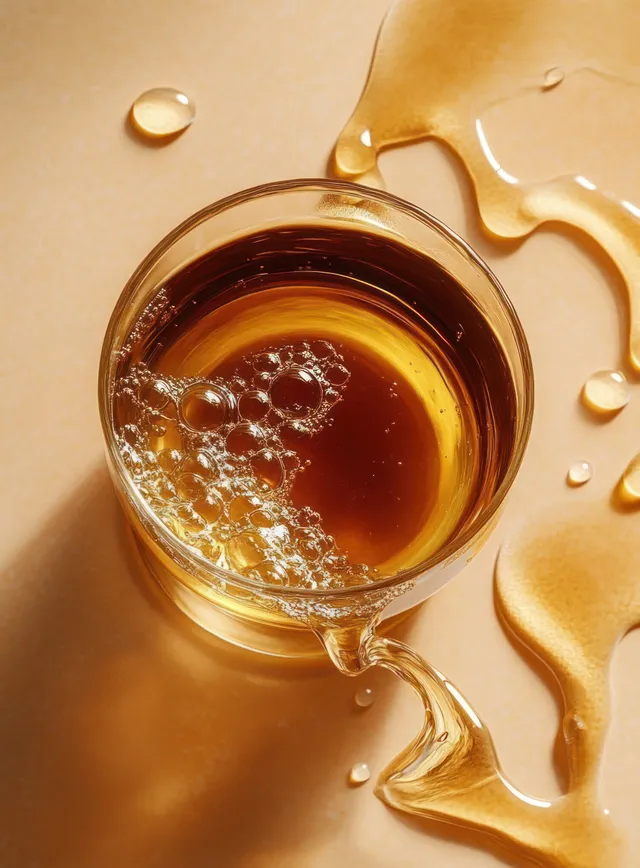 A clear glass cup filled with bubbling golden liquid sits on a beige surface with spilled droplets around it.