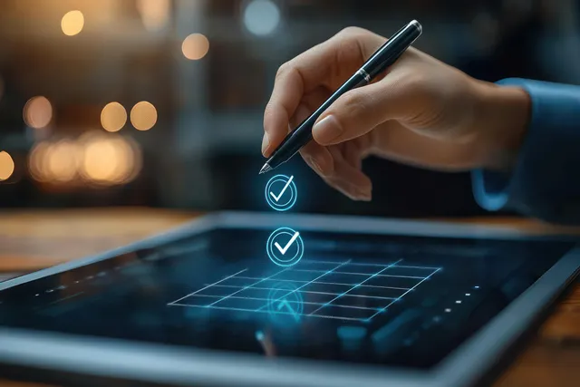 Hand with stylus tapping holographic check marks on a tablet