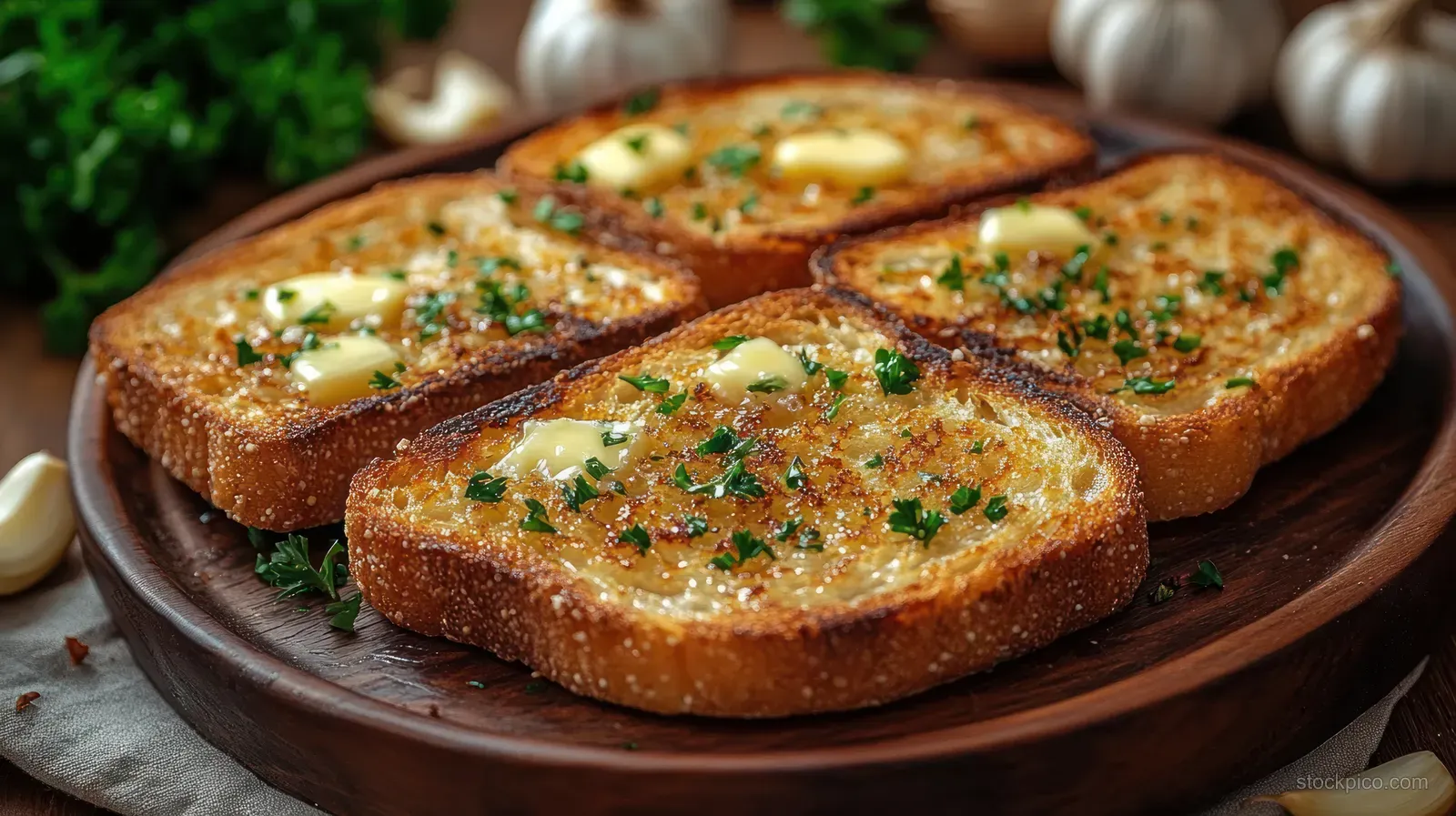 Four slices of golden toasted bread with melting butter and parsley sit on a wooden plate beside garlic cloves.