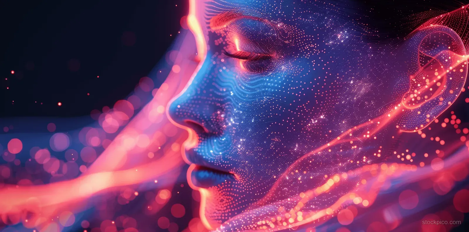 Abstract human face made of glowing dots and flowing pink and blue light trails.