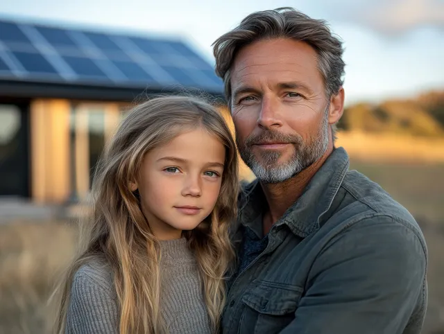 Father and daughter stand together in warm sunlight before rooftop solar panels