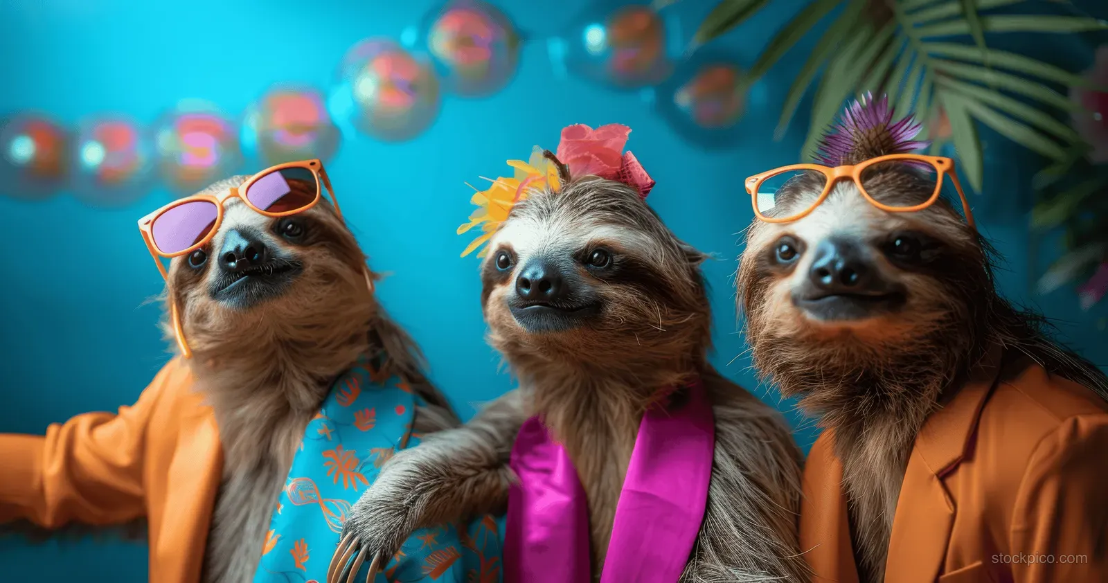Three sloths wearing sunglasses and bright outfits pose at a party backdrop with bubbles and festive decorations.