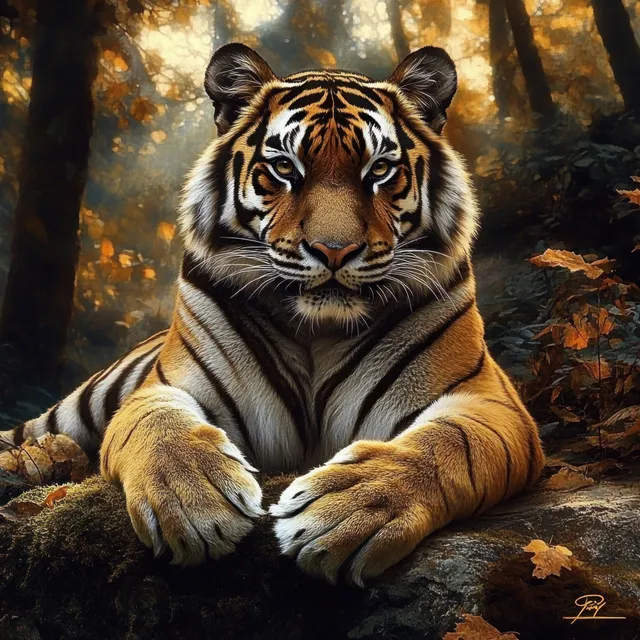 A tiger rests on a rock in an autumn forest with fallen leaves and warm sunlight.