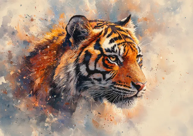 Watercolor tiger portrait with striped fur and intense gaze against cloudy pastel haze