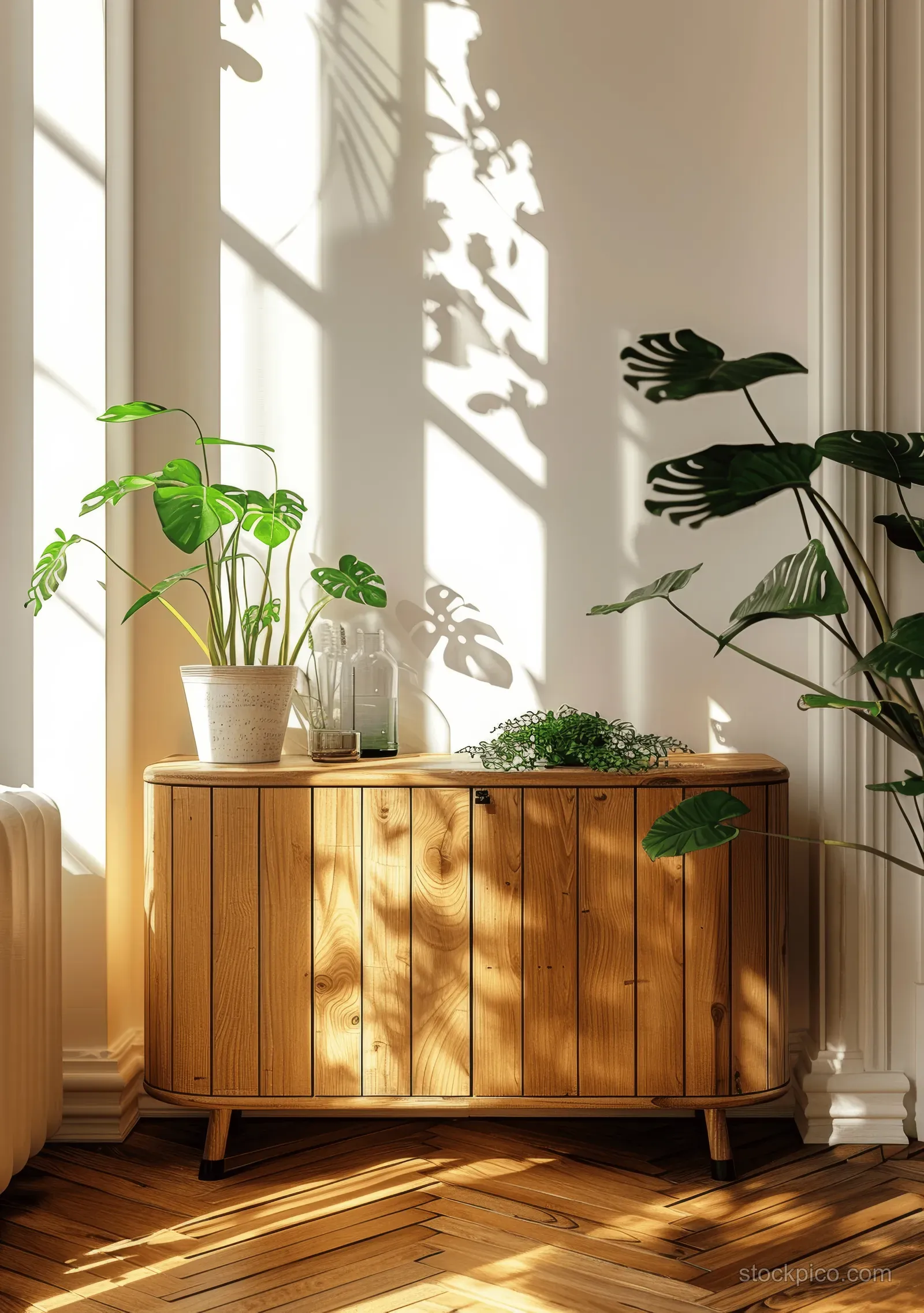 Sunlight falls on a wooden sideboard with potted plants and leaf shadows on a minimalist wall.