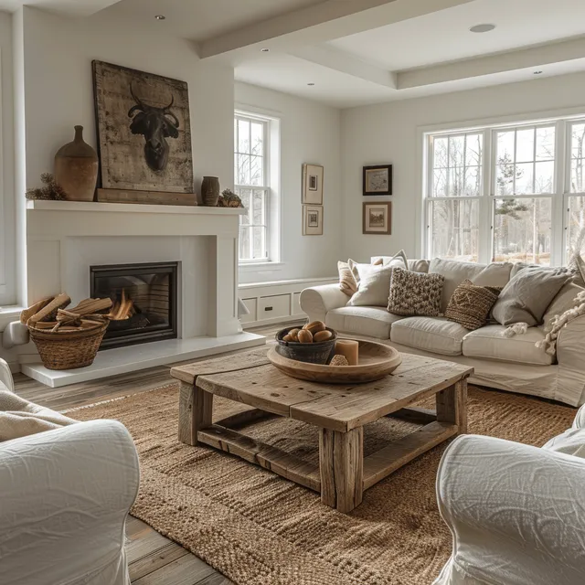 Sunlit modern farmhouse living room with white walls, sofas, wooden coffee table, and a fireplace.