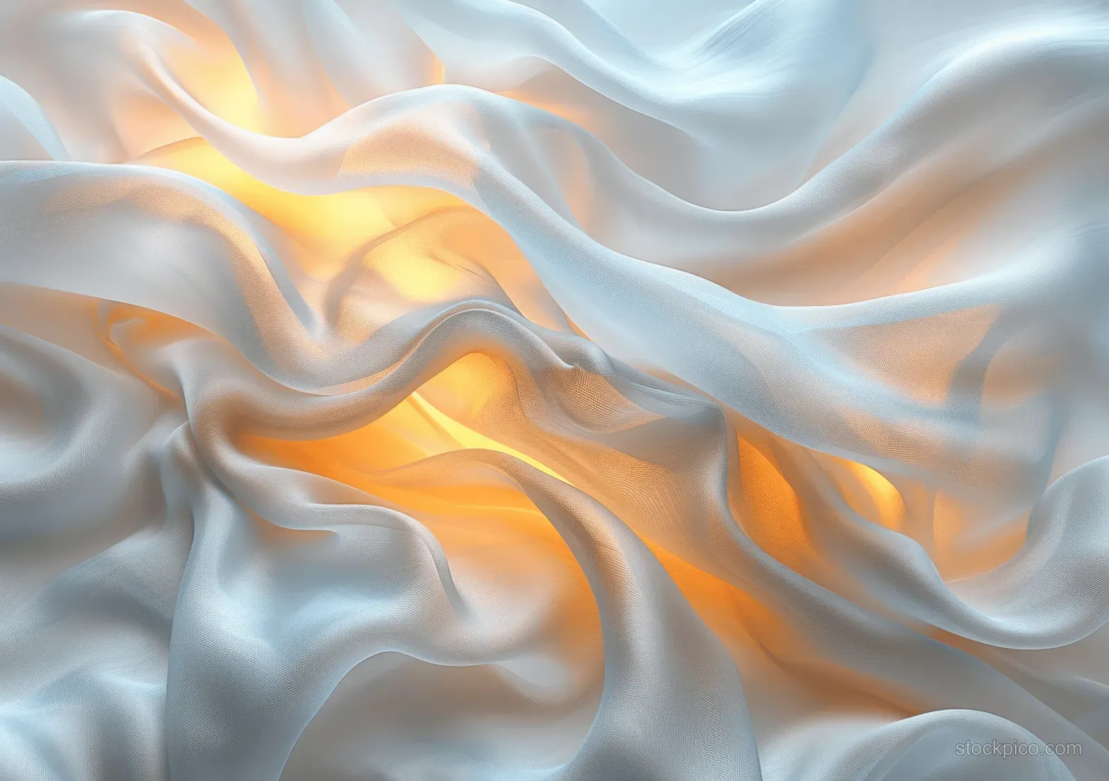 Iridescent holographic waves flow over a smooth blue to cream gradient with soft golden light highlights.