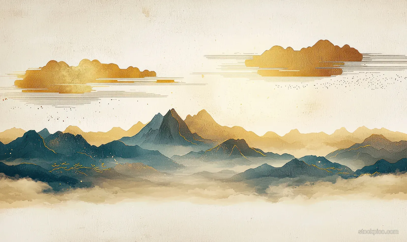 Blue and gold mountain silhouettes disappear into mist beneath stylized golden clouds at sunrise.