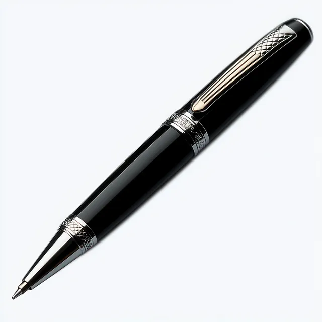 Black ballpoint pen with silver decorative rings lying diagonally on a white background.